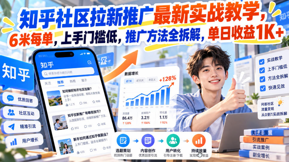 知乎社区拉新推广最新实战教学，6米每单，上手门槛低，推广方法全拆解，单日收益1K+！