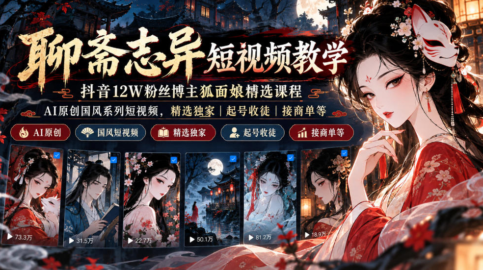 聊斋志异短视频教学，抖音12W粉丝博主狐面娘精选课程，AI原创国风系列短视频，精选独家丨起号收徒丨接商单等