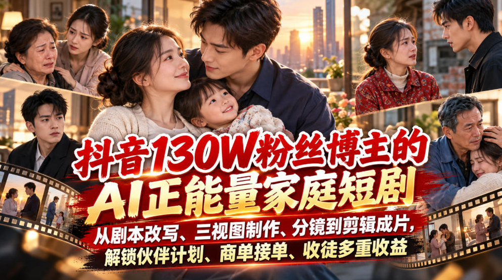 抖音130W粉丝博主深夜故事茶馆·AI正能量家庭短剧，从剧本改写、三视图制作、分镜到剪辑成片