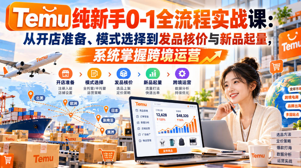 Temu纯新手0-1全流程实战课：从开店准备、模式选择到发品核价与新品起量，系统掌握跨境运营
