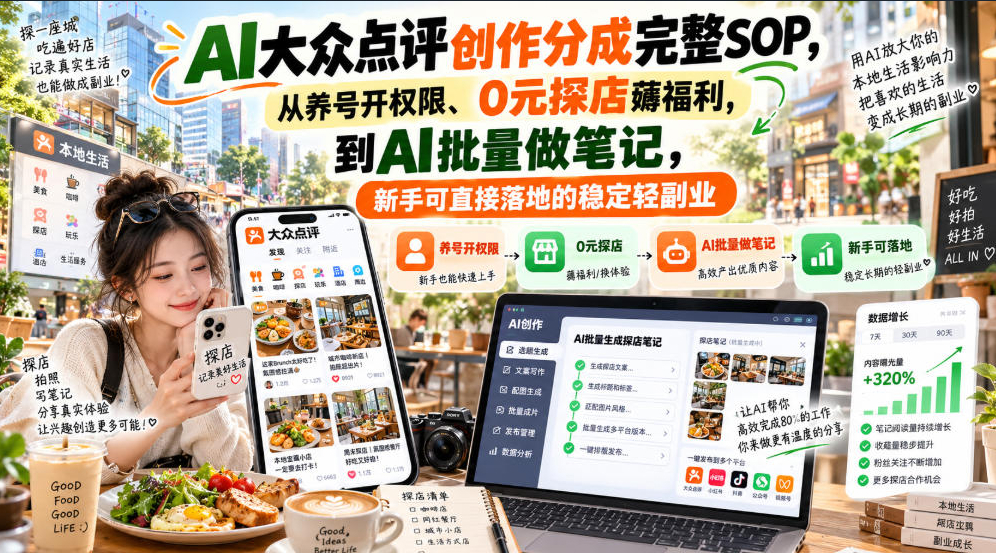 AI大众点评创作分成完整SOP，从养号开权限、0元探店薅福利，到AI批量做笔记，新手可直接落地的稳定轻副业