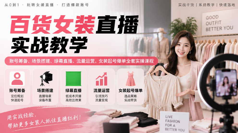 百货女装直播实战教学｜账号筹备、场景搭建、绿幕直播、流量运营、女装起号爆单全套实操课程