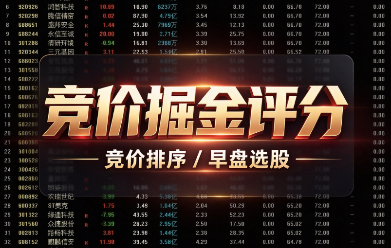 竞价掘金评分——竞价结束快速筛选小盘强势爆发股 竞价阶段资金抢筹意愿