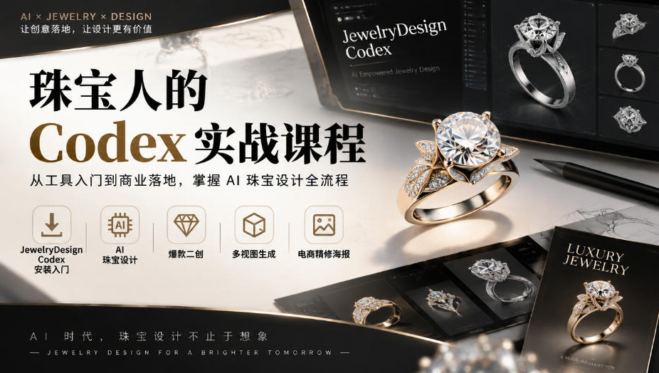 珠宝人的Codex实战课程｜JewelryDesign Codex安装入门、AI珠宝设计、爆款二创、多视图生成、电商精修海报全链路教学