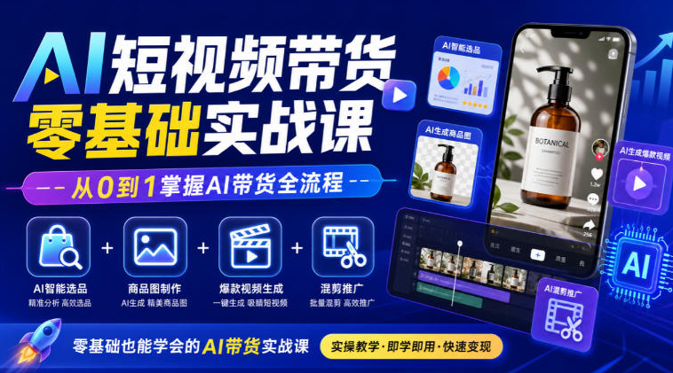 AI短视频带货零基础实战课｜AI智能选品+商品图制作+爆款视频生成+混剪推广，从0到1掌握AI带货全流程