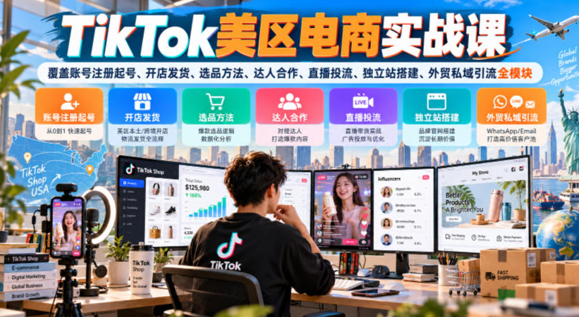TikTok美区电商实战课，覆盖账号注册起号、开店发货、选品方法、达人合作、直播投流、独立站搭建、外贸私域引流全模块