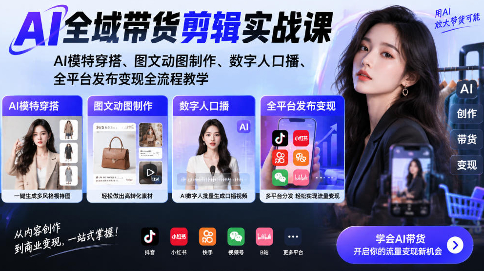 AI全域带货剪辑实战课｜AI模特穿搭、图文动图制作、数字人口播、全平台发布变现全流程教学