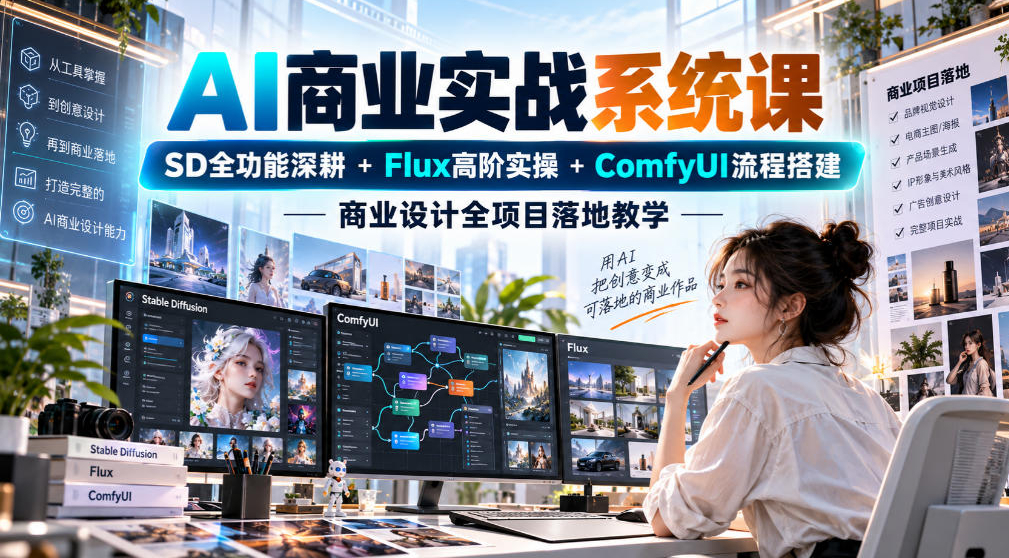 AI商业实战系统课｜SD全功能深耕+Flux高阶实操+Comfyui流程搭建，商业设计全项目落地教学
