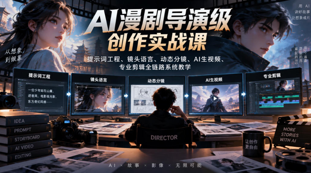 AI漫剧导演级创作实战课｜提示词工程、镜头语言、动态分镜、AI生视频、专业剪辑全链路系统教学