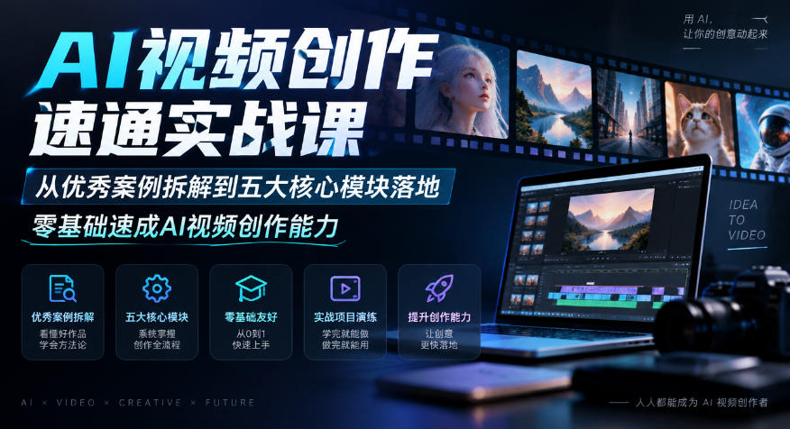 AI视频创作速通实战课｜从优秀案例拆解到五大核心模块落地，零基础速成AI视频创作能力