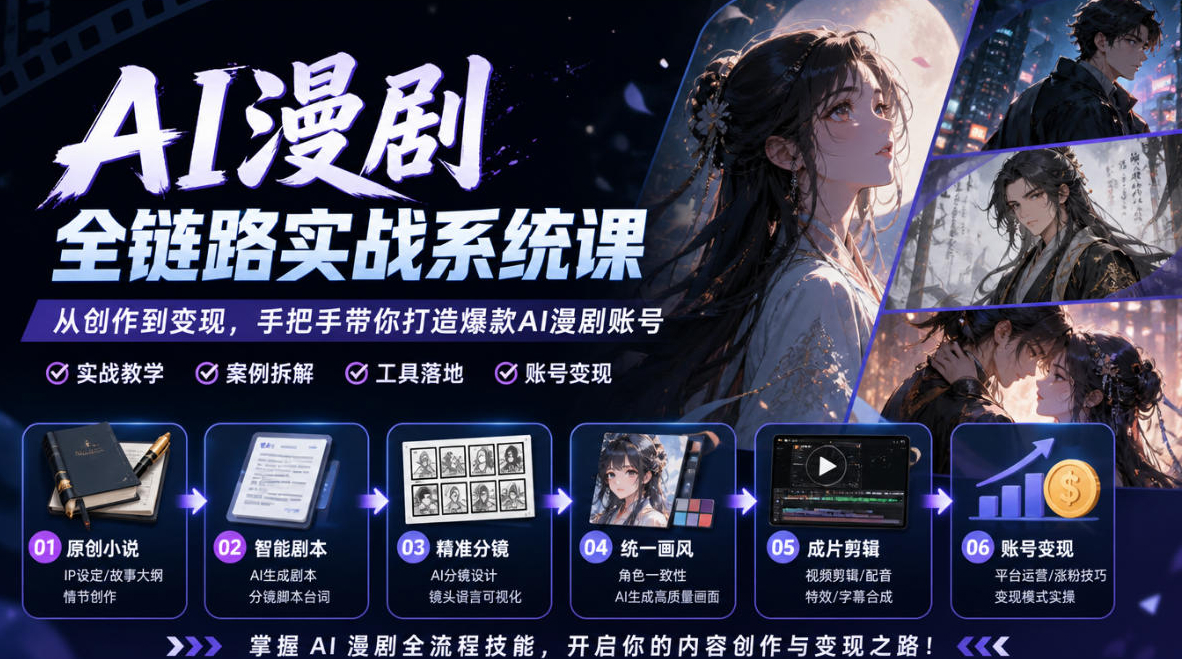 AI漫剧全链路实战系统课｜原创小说、智能剧本、精准分镜、统一画风、成片剪辑、账号变现实操教学