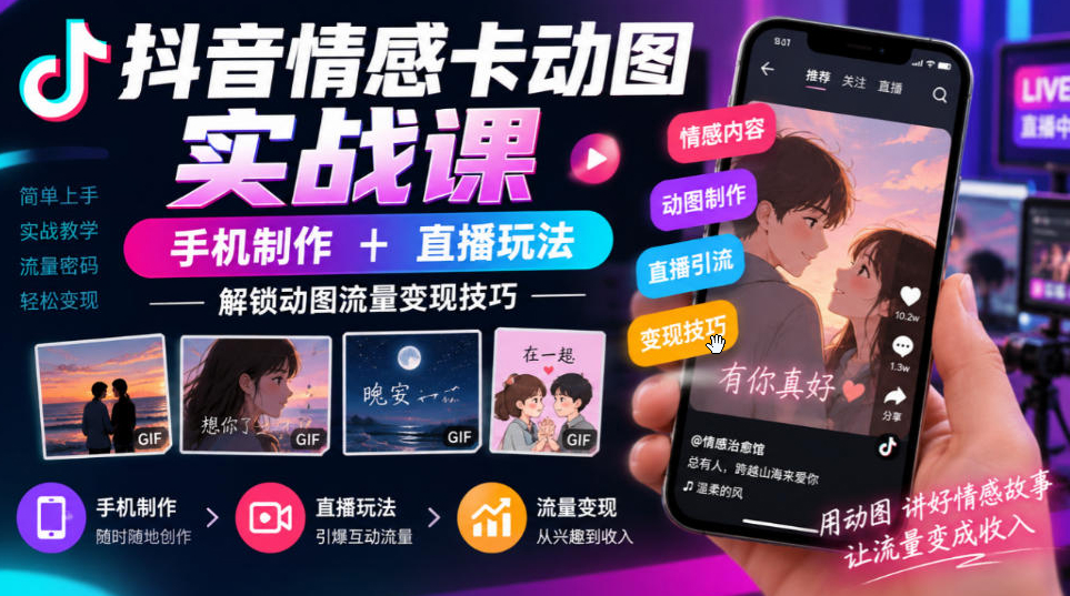 抖音情感卡动图实战课｜手机制作+直播玩法，解锁动图流量变现技巧