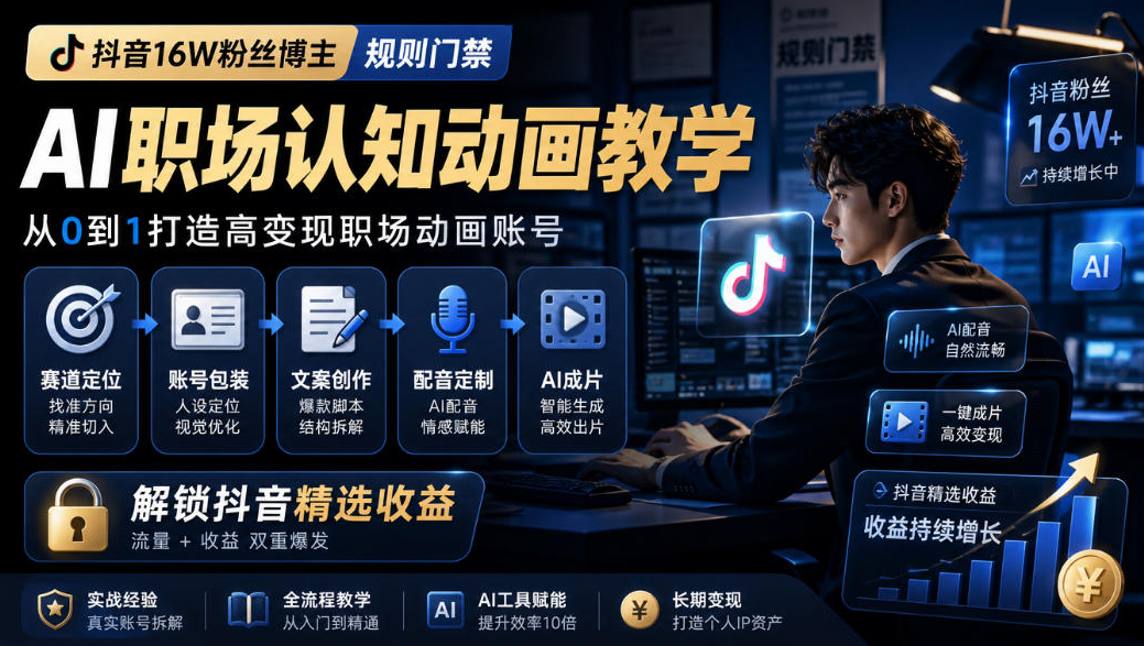 抖音16W粉丝博主规则门禁的AI职场认知动画教学，从赛道定位、账号包装，到文案创作、配音定制、AI成片，解锁抖音精选收益