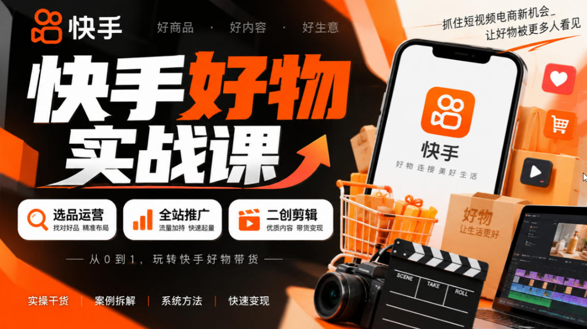 快手好物实战课｜选品运营+全站推广+二创剪辑带货变现