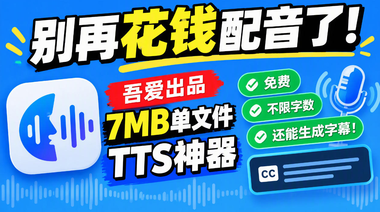 别再花钱配音了！吾爱出品7MB单文件TTS神器，免费不限字数还能生成字幕！