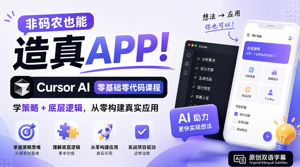 非码农也能造真APP！Cursor AI零基础零代码课程：学策略+底层逻辑，从零构建真实应用【原创双语字幕】