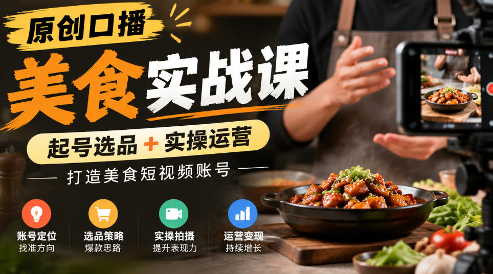 原创口播美食实战课，起号选品+实操运营，打造美食短视频账号