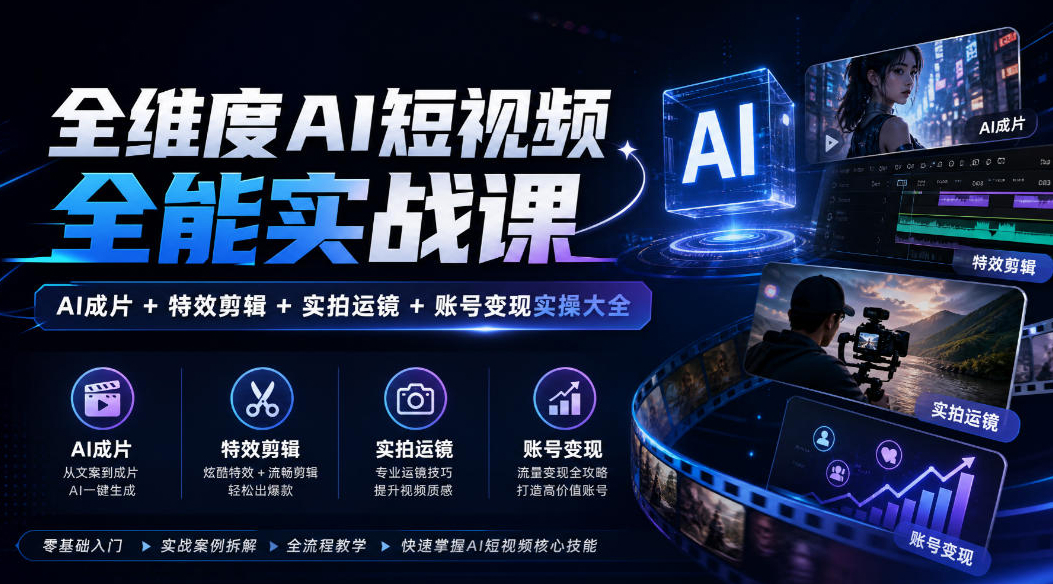 全维度AI短视频全能实战课，AI成片+特效剪辑+实拍运镜+账号变现实操大全