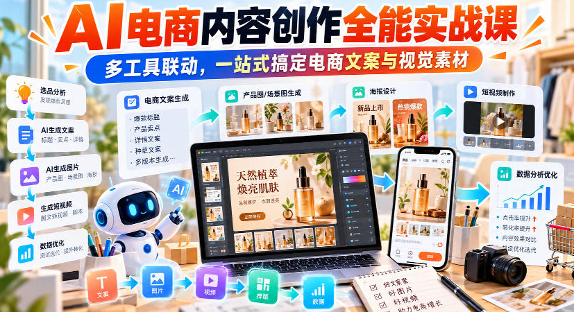 AI电商内容创作全能实战课｜多工具联动，一站式搞定电商文案与视觉素材