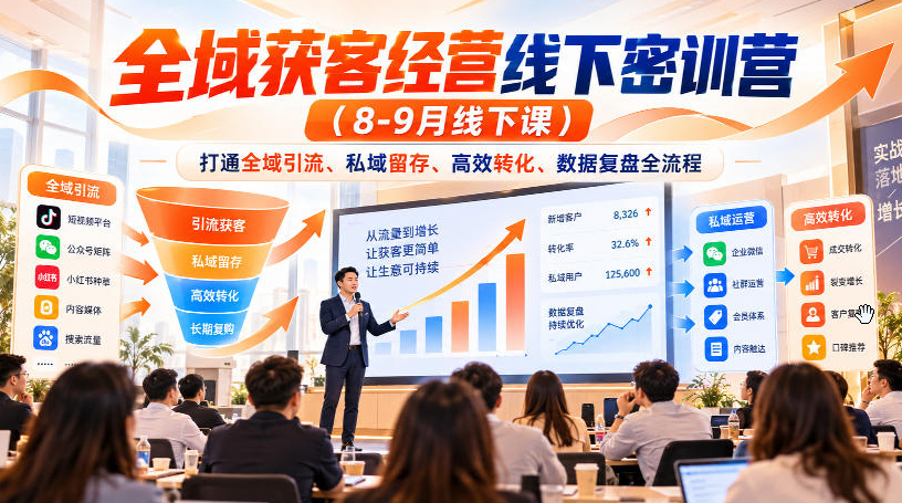全域获客经营线下密训营（8-9月线下课），打通全域引流、私域留存、高效转化、数据复盘全流程