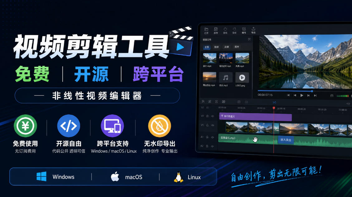 视频剪辑工具，免费、开源、跨平台，非线性视频编辑器，支持Windows、macOS、Linux，无水印、无订阅费用