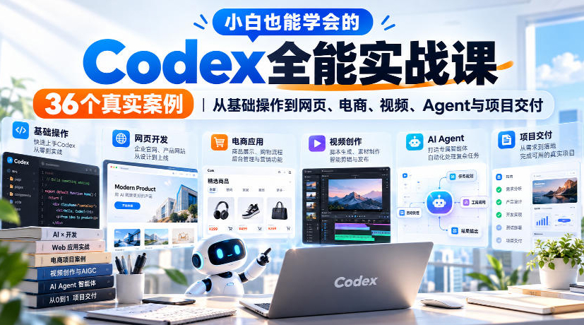 小白也能学会的Codex全能实战课｜36个真实案例，从基础操作到网页、电商、视频、Agent与项目交付