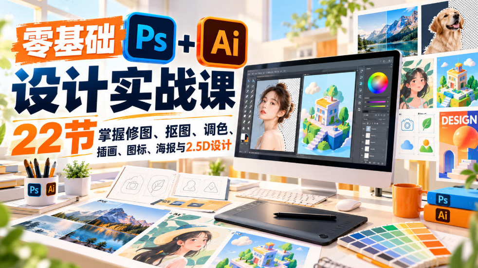 零基础PS+AI设计实战课｜22节掌握修图、抠图、调色、插画、图标、海报与2.5D设计