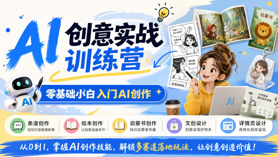 AI创意实战训练营，零基础小白入门AI创作，解锁条漫、绘本、启蒙书、文创、详情页多赛道落地玩法