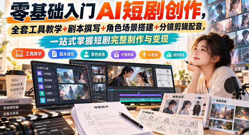 零基础入门AI短剧创作，全套工具教学+剧本撰写+角色场景搭建+分镜剪辑配音，一站式掌握短剧完整制作与变现