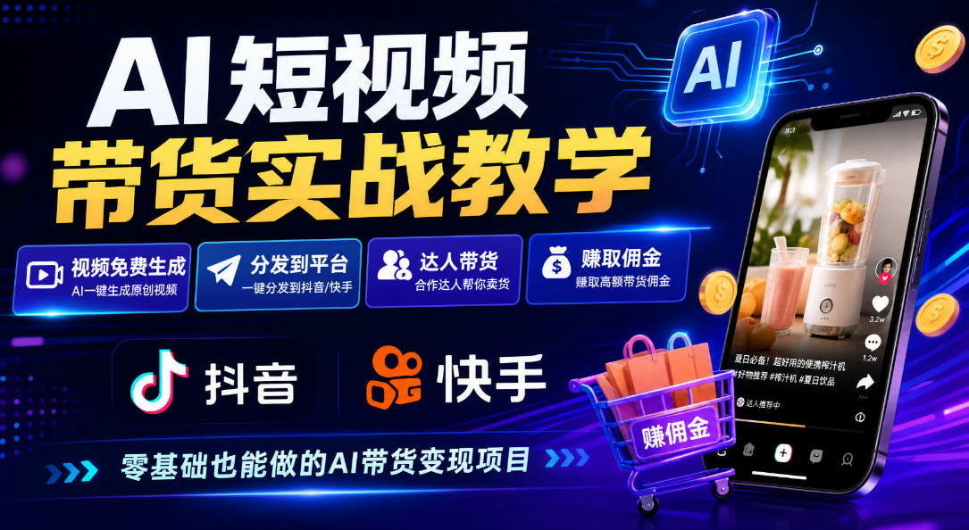AI短视频带货实战教学，视频免费生成，分发到抖音快手平台，达人带货賺佣金