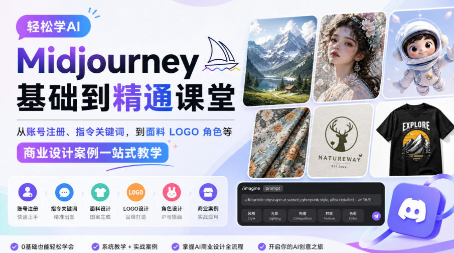 轻松学AI Midjourney基础到精通课堂，从账号注册、指令关键词，到面料LOGO角色等商业设计案例一站式教学