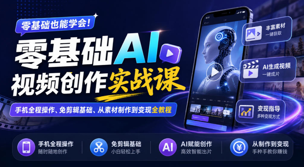 零基础AI视频创作实战课｜手机全程操作、免剪辑基础、从素材制作到变现全教程?