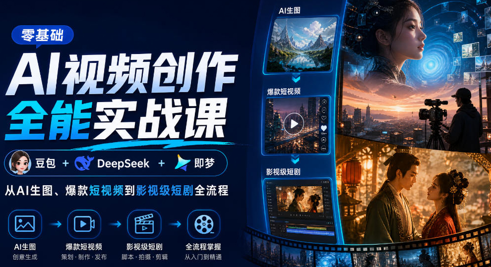 零基础AI视频创作全能实战课｜豆包+DeepSeek+即梦，从AI生图、爆款短视频到影视级短剧全流程