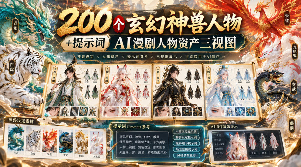 200个玄幻神兽人物+提示词ai漫剧人物资产三视图
