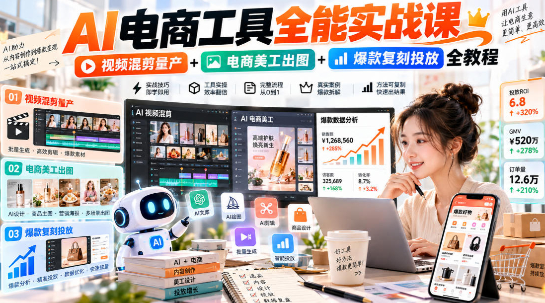 AI电商工具全能实战教学，视频混剪量产+电商美工出图+爆款复刻投放全教程?