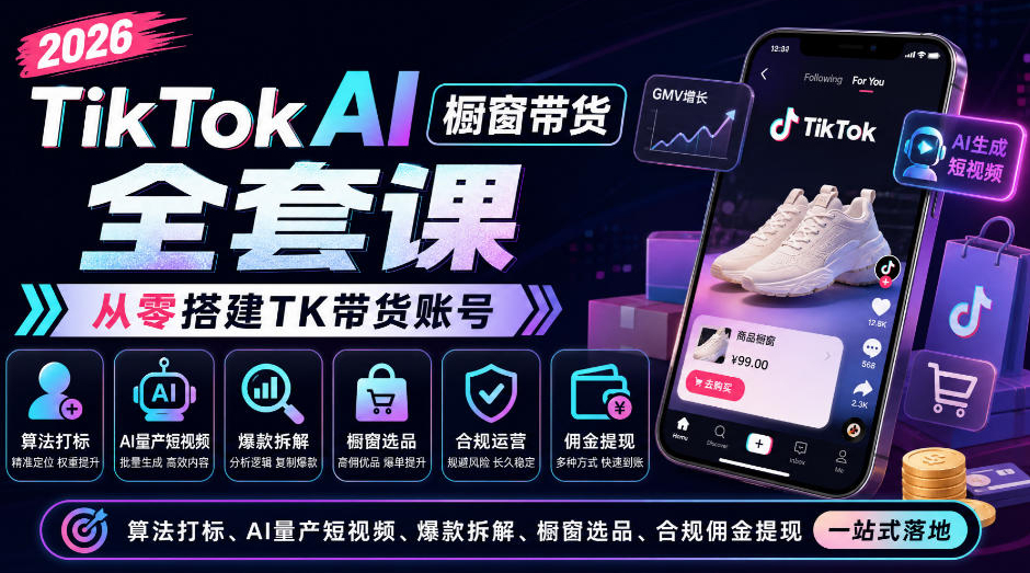 2026TikTok AI橱窗带货全套课，从零搭建TK带货账号，算法打标、AI量产短视频、爆款拆解、橱窗选品、合规佣金提现一站式落地