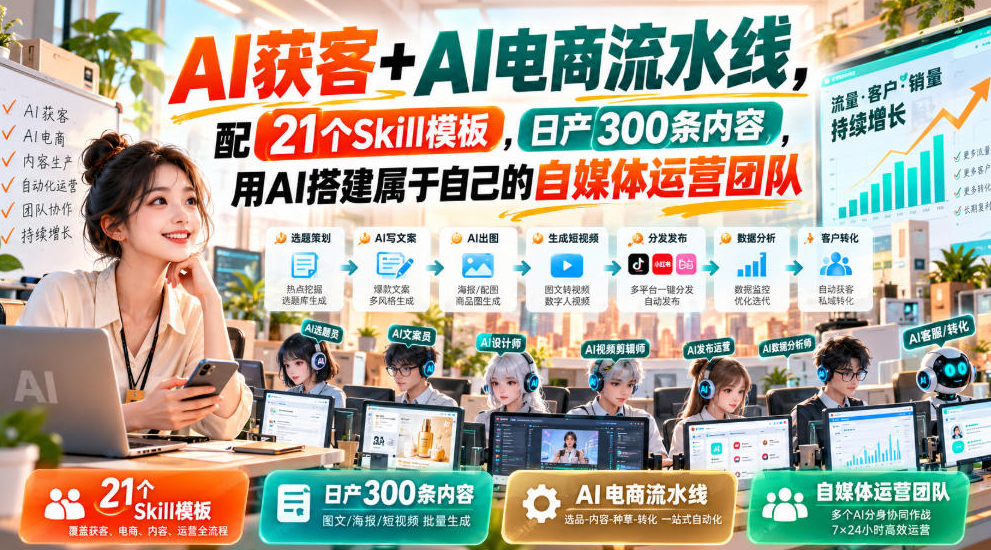 AI获客+AI电商流水线，配21个Skill模板，日产300条内容，用AI搭建属于自己的自媒体运营团队