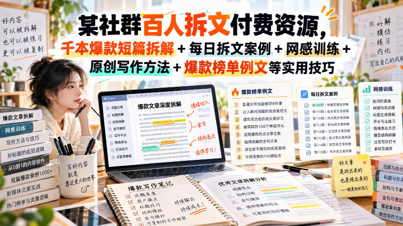 某社群百人拆文付费资源，千本爆款短篇拆解+每日拆文案例+网感训练+原创写作方法+爆款榜单例文等实用技巧