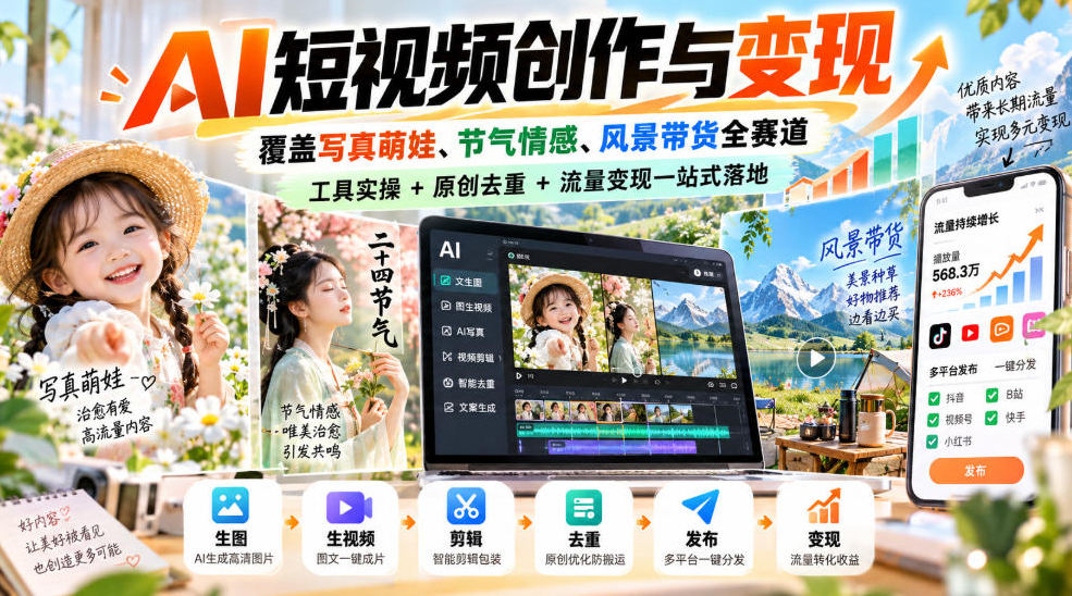 梅子老师·AI短视频创作与变现，覆盖写真萌娃、节气情感、风景带货全赛道，工具实操+原创去重+流量变现一站式落地