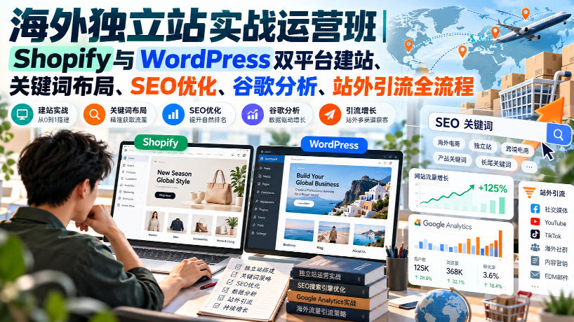 美迪电商-海外独立站实战运营班｜Shopify与WordPress双平台建站、关键词布局、SEO优化、谷歌分析、站外引流全流程