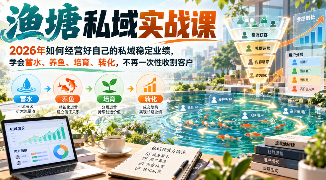 渔塘私域实战课，2026年如何经营好自己的私域稳定业绩，学会蓄水、养鱼、培育、转化，不再一次性收割客户