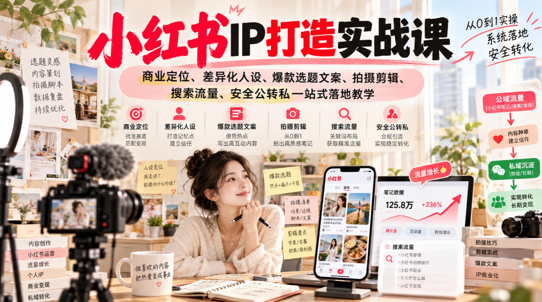 小红书ip打造实战课，商业定位、差异化人设、爆款选题文案、拍摄剪辑、搜索流量、安全公转私一站式落地教学