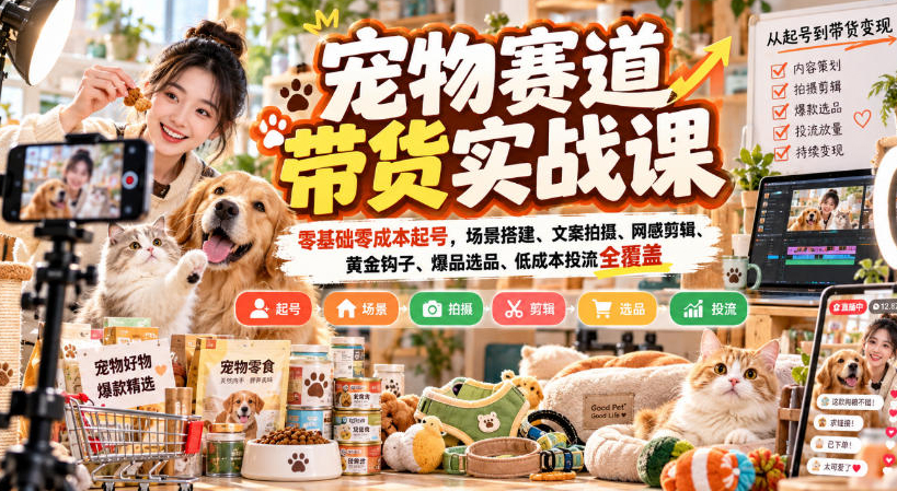 宠物赛道带货实战课，零基础零成本起号，场景搭建、文案拍摄、网感剪辑、黄金钩子、爆品选品、低成本投流全覆盖