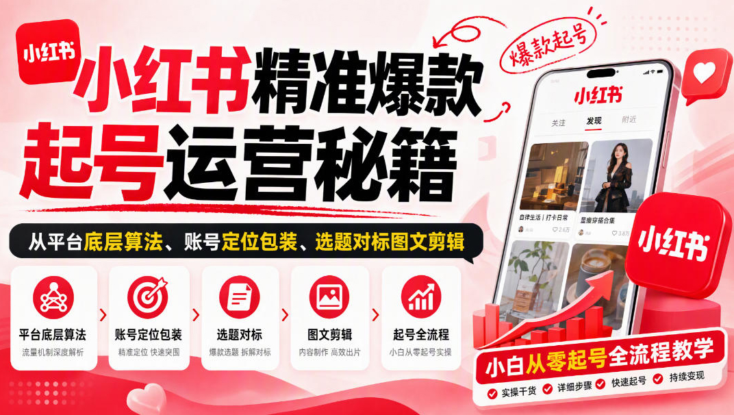 小红书精准爆款起号运营秘籍，从平台底层算法、账号定位包装、选题对标图文剪辑，小白从零起号全流程
