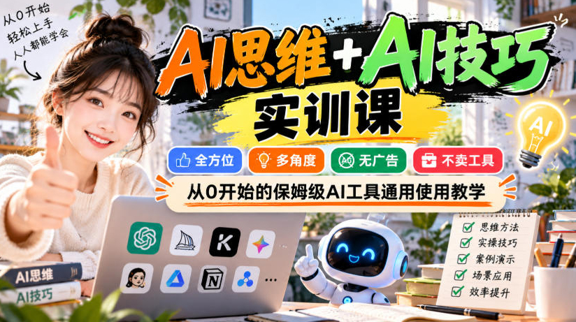 AI思维+AI技巧实训课，全方位、多角度、无广告、不卖工具，从0开始的保姆级AI工具通用使用教学