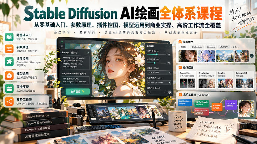 AI侯侯的SD课程,Stable Diffusion AI绘画全体系课程，从零基础入门、参数原理、插件控图、模型运用到商业实操、高阶工作流全覆盖