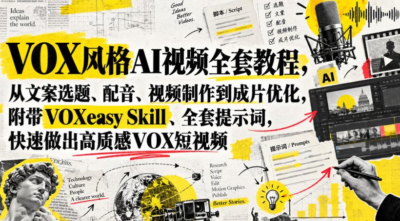 VOX风格AI视频全套教程，从文案选题、配音、视频制作到成片优化，附带VOXeasy Skill、全套提示词，快速做出高质感VOX短视频