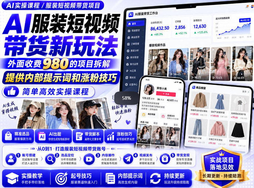 外面收费980AI快手带货系统课程，内部课程首次外放，操作简单高效，一分钟一条爆款视频