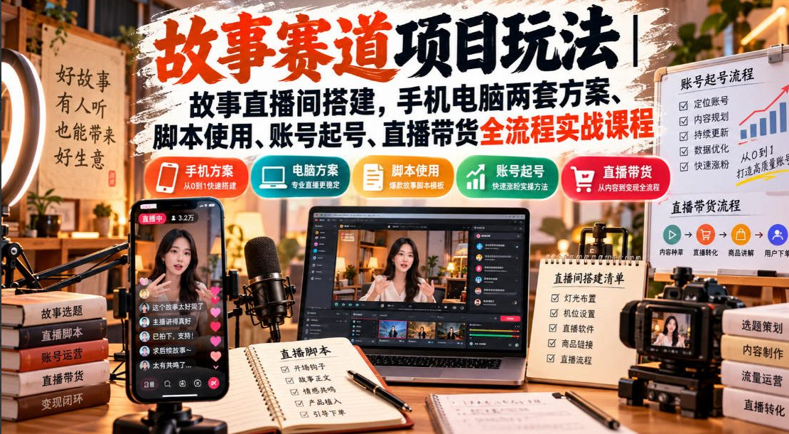 故事赛道项目玩法｜故事直播间搭建，手机电脑两套方案、脚本使用、账号起号、直播带货全流程实战课程