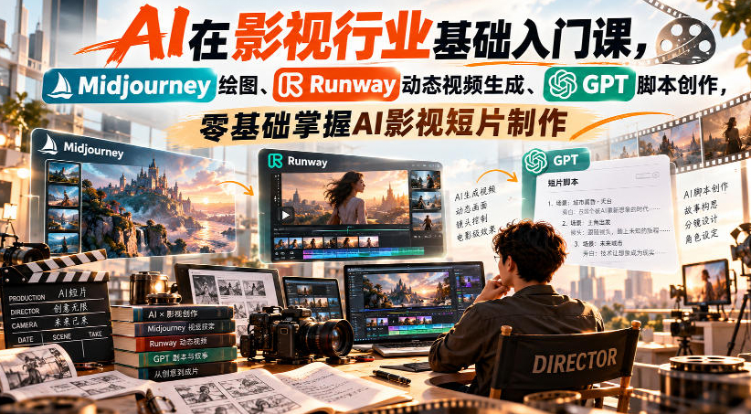 AI在影视行业基础入门课，Midjourney绘图、Runway动态视频生成、GPT脚本创作，零基础掌握AI影视短片制作